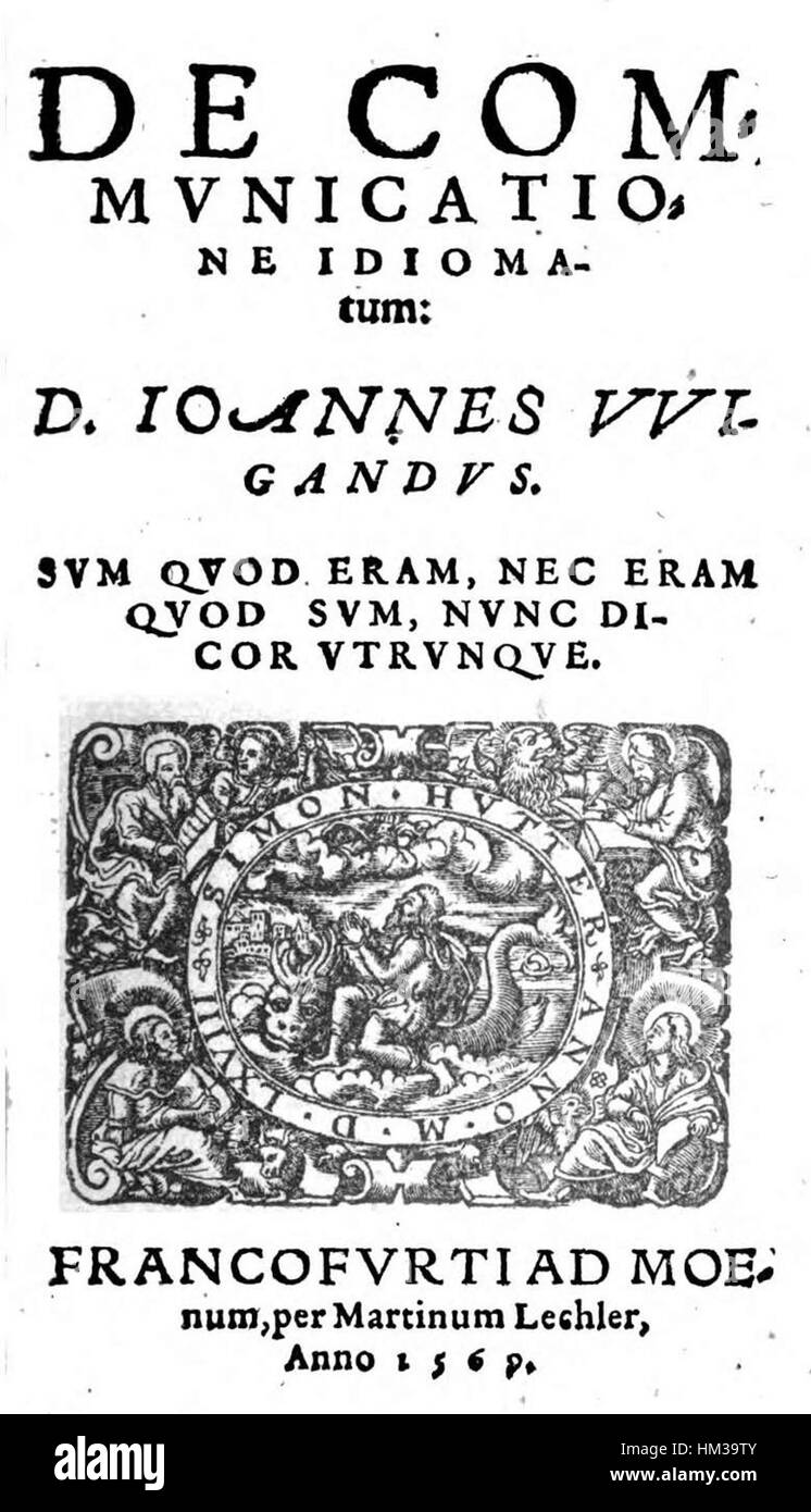 Johannes Wigands „de Communicatione Idiomatum“ ist ein theologischer Text aus dem 16. Jahrhundert, der sich mit dem Konzept der Vermittlung von Attributen in der Christologie befasst. Der Text war bedeutend in den Debatten über die Natur Christi und die vereinigung seiner göttlichen und menschlichen Wesen. Stockfoto