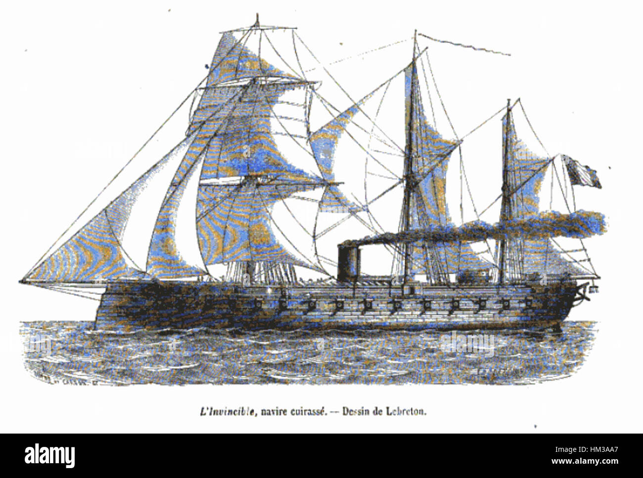 Die „Invincible“ war ein britisches Kriegsschiff, das 1860 gestartet wurde und für sein Design als mächtiges, eisenverkleidetes Schlachtschiff bekannt ist. Das Schiff spielte eine Rolle in der Geschichte der Marine während der viktorianischen Ära, mit seiner mächtigen Bewaffnung und seiner modernisierten Konstruktion. Stockfoto