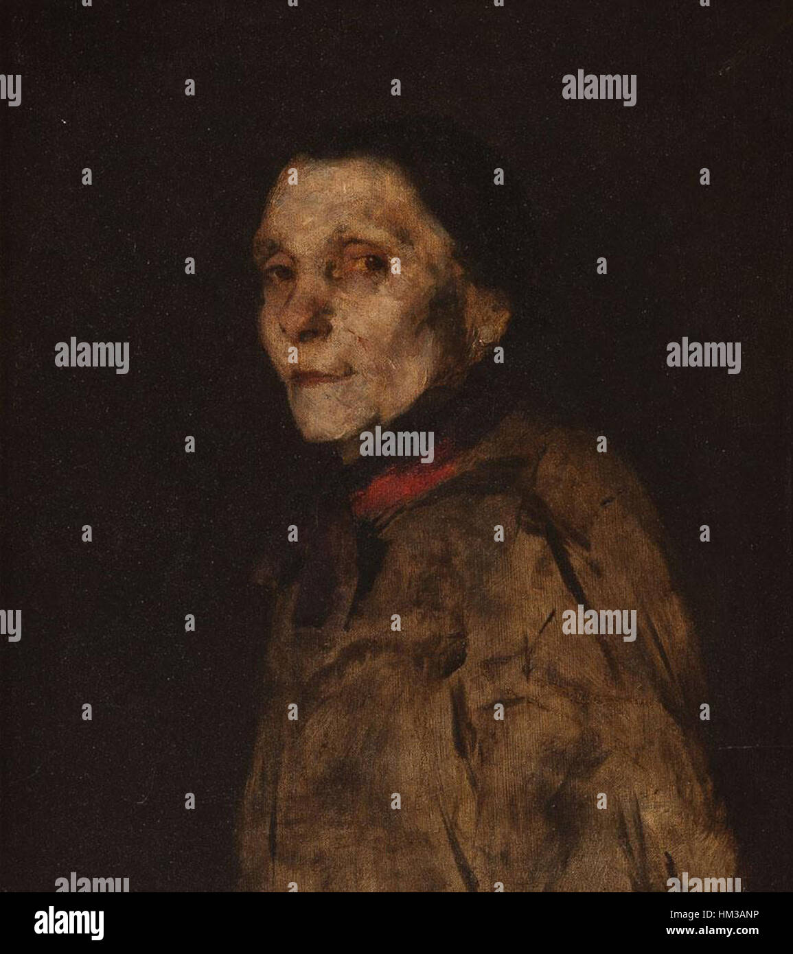 „Bildnis einer alten Frau“ von Wilhelm Leibl stellt eine ältere Frau mit bemerkenswertem Realismus dar, die die Textur ihrer Haut und das Gewicht der Zeit einfängt. Das Gemälde spiegelt Leibls Engagement für detaillierte Beobachtung und seine Meisterschaft in der für den deutschen Realismus typischen Porträtmalerei wider. Stockfoto