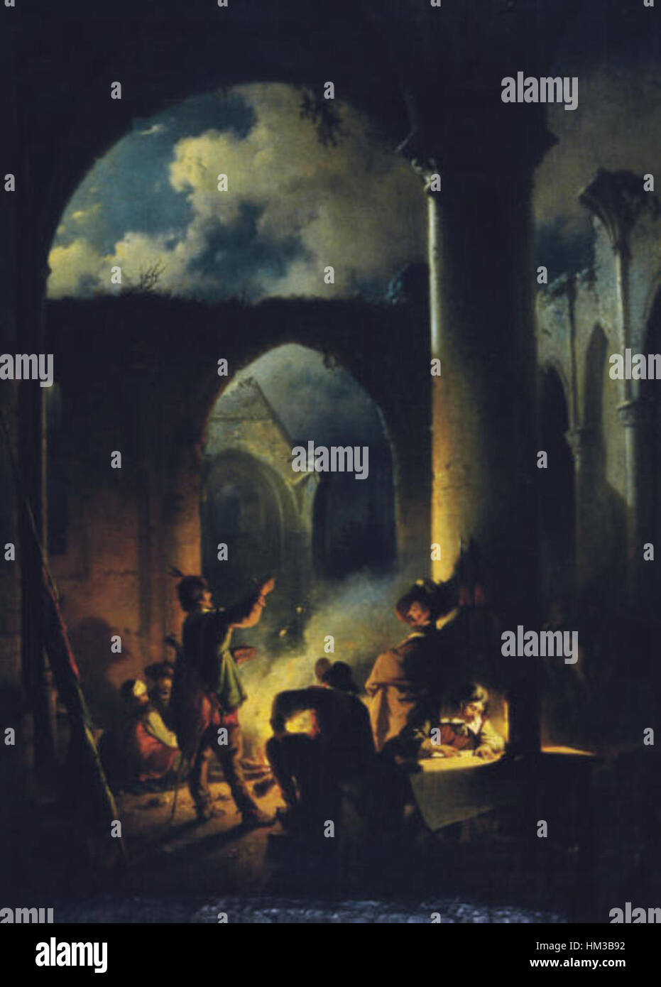 Ein Gemälde von Jan Michiel Ruyten, das eine geheime Begegnung zwischen antiken Ruinen darstellt. Das Kunstwerk stellt einen Moment der Geheimhaltung dar, in dem sich Figuren in einer geheimnisvollen und historischen Umgebung in ruhiger Unterhaltung befinden. Der Stil spiegelt die Aufmerksamkeit des Künstlers für Licht und Schatten wider und ruft eine dramatische Stimmung hervor. Stockfoto