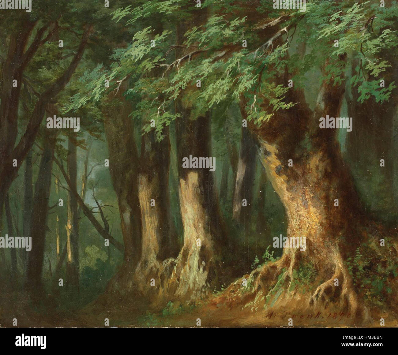 Henric Trenks „Desis de padure“ (Waldlandschaft) zeigt eine ruhige Waldlandschaft, die die Schönheit der Natur und die Ruhe des Waldlebens zeigt. Das Ölgemälde fängt Licht und Schatten des dichten Waldes ein. Stockfoto