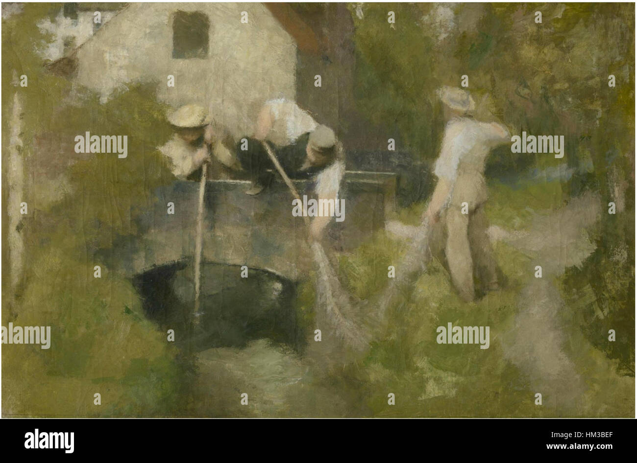 „Baggerei in der Woluwe“ von Jan Stobbaerts beschreibt den Prozess des Baggerns im Woluwe River. Das Gemälde fängt sowohl die industrielle Tätigkeit als auch die natürliche Schönheit der Flusslandschaft ein. Stockfoto