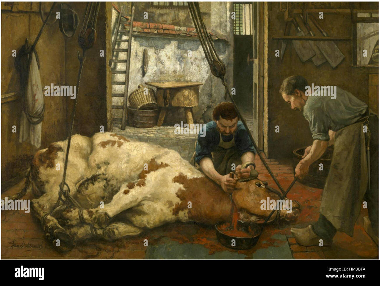 Dieses Gemälde von Jan Stobbaerts zeigt den Akt der Schlachtung und veranschaulicht eine gemeinsame ländliche oder landwirtschaftliche Praxis. Das Kunstwerk fängt die Intensität und Realität des ländlichen Lebens ein. Stockfoto
