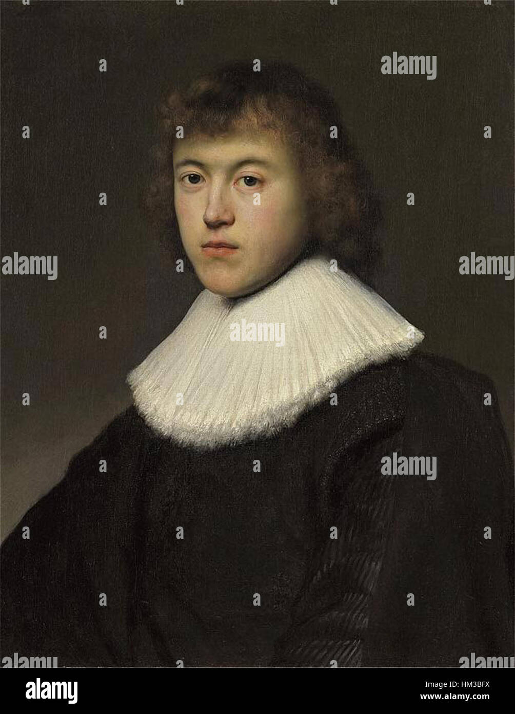 Dieses Ölgemälde von Jan Lievens, einem niederländischen Barockkünstler, stellt einen jungen Mann mit ernstem Ausdruck dar. Lievens, bekannt für seine raffinierten Porträts, betont mit Licht und Schatten die Eigenschaften des Motivs und präsentiert eine würdevolle und kontemplative Figur. Stockfoto