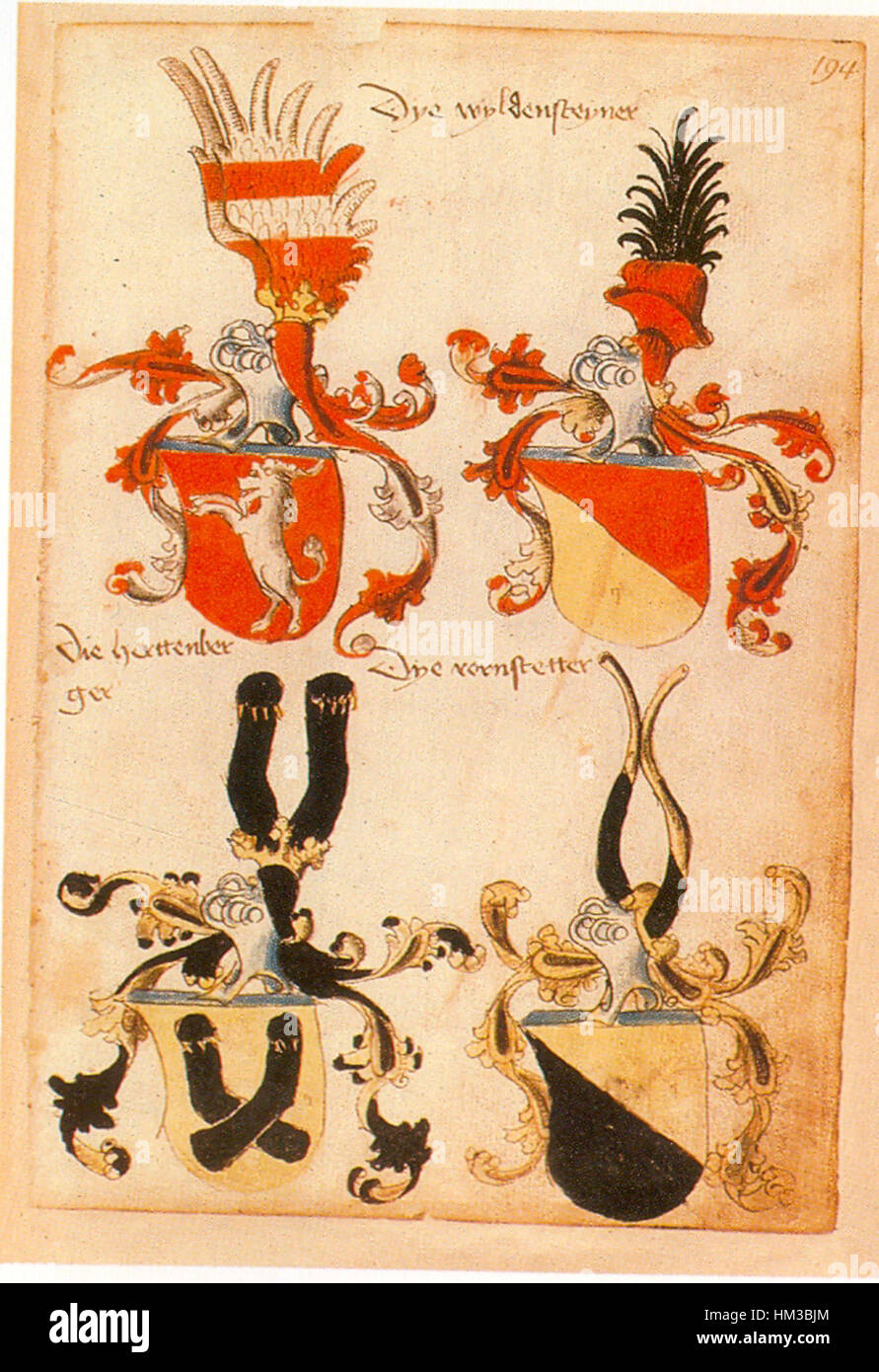 Der *Ingeram Codex* ist eine illustrierte Handschrift, die für ihre detaillierten Darstellungen des mittelalterlichen Lebens, einschließlich Turnieren und Rittern, bekannt ist. Diese Seite (194) ist ein exquisites Beispiel mittelalterlicher Kunstfertigkeit und historischer Aufzeichnungen. Stockfoto