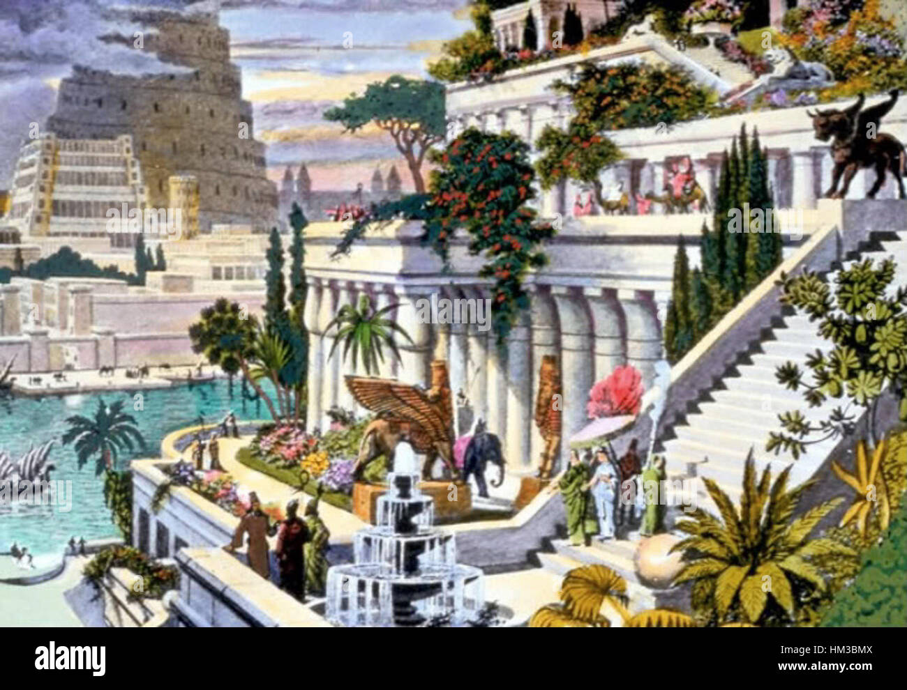 Die Hängenden Gärten von Babylon, eines der sieben Weltwunder der Antike, waren berühmt für ihre Terrassengartengestaltung, die oft in antiken Kunstwerken und historischen Gemälden dargestellt wird. Stockfoto