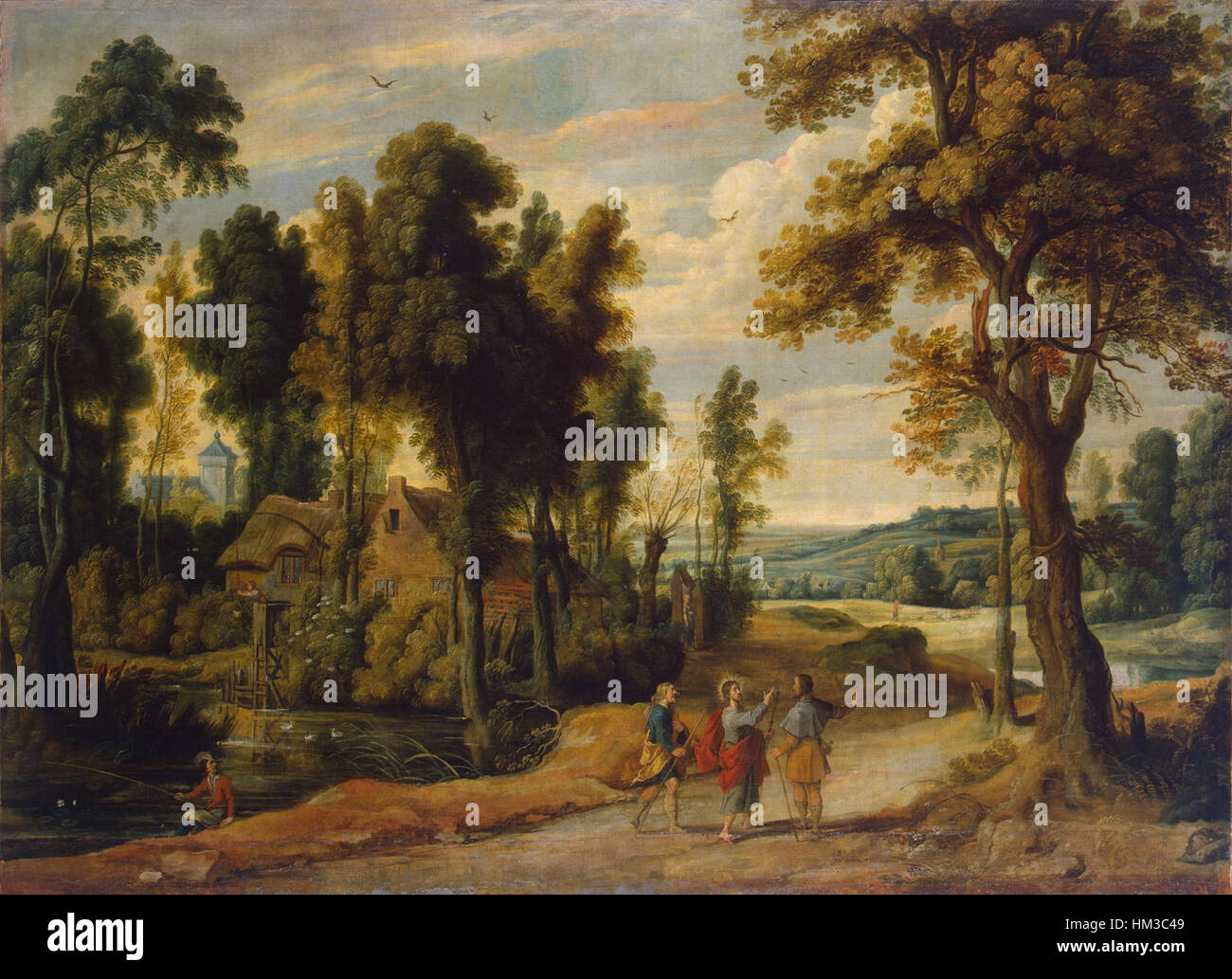 „Landschaft mit Christus und seinen Jüngern auf dem Weg nach Emmaus“ von Jan Wildens zeigt eine biblische Szene der Reise Christi mit seinen Jüngern. Das Gemälde verbindet religiöse Erzählungen mit detaillierter Landschaft und zeigt Wildens’ Geschick, beide Themen zu verschmelzen. Stockfoto