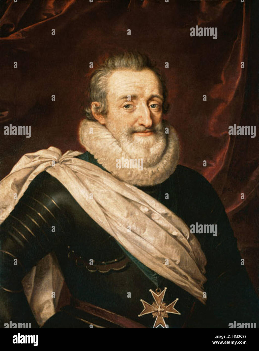 Dieses historische Gemälde von König Heinrich IV. Von Frankreich zeigt den Monarchen in königlicher Kleidung und symbolisiert seine Rolle bei der Stabilisierung Frankreichs im frühen 17. Jahrhundert. Seine Herrschaft war geprägt von Bemühungen, religiöse Konflikte zu beenden und die französische Monarchie zu stärken. Stockfoto