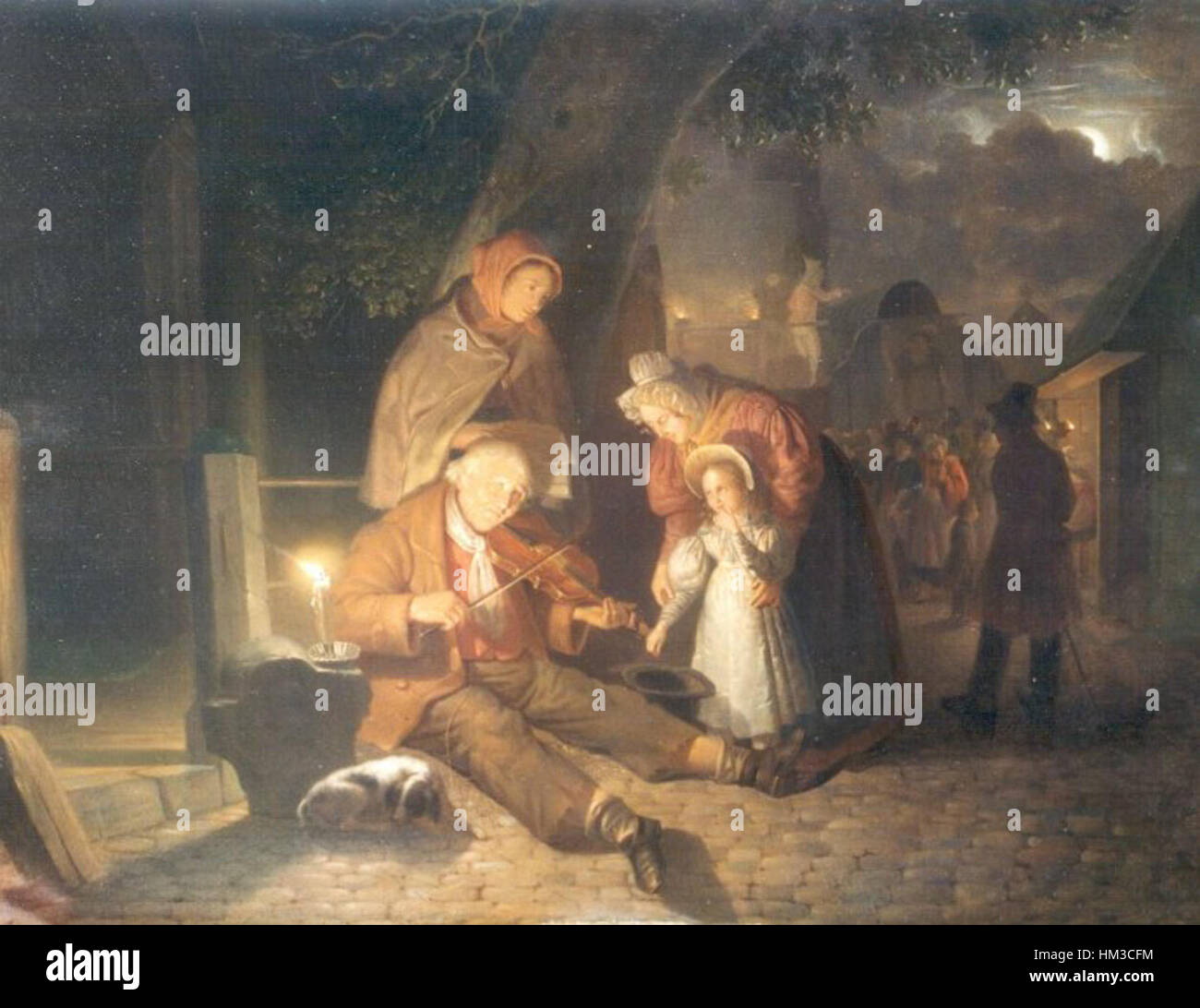 *De oude straatmuzikant* von Jan Hendrik van Grootvelt, gemalt 1835, zeigt einen Straßenmusiker auf einem Stadtplatz. Das Kunstwerk zeigt den Alltag und die Straßenkultur des 19. Jahrhunderts. Stockfoto