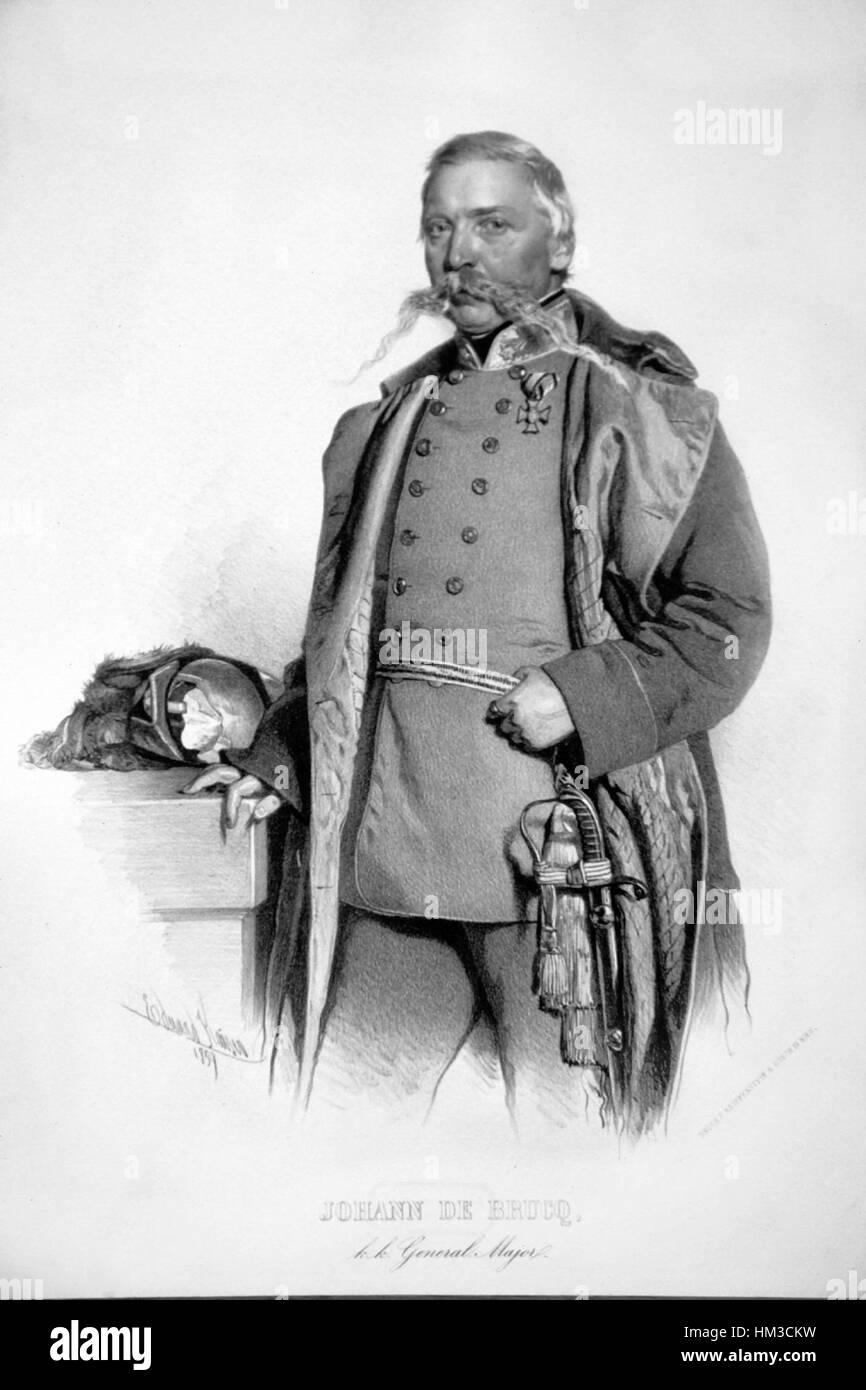 Die im 19. Jahrhundert entstandene Lithografie von Johann de Brucq veranschaulicht die damals beliebte lithographische Technik. Das Kunstwerk fängt einen Moment von historischer oder kultureller Bedeutung mit feinen Details ein. Stockfoto