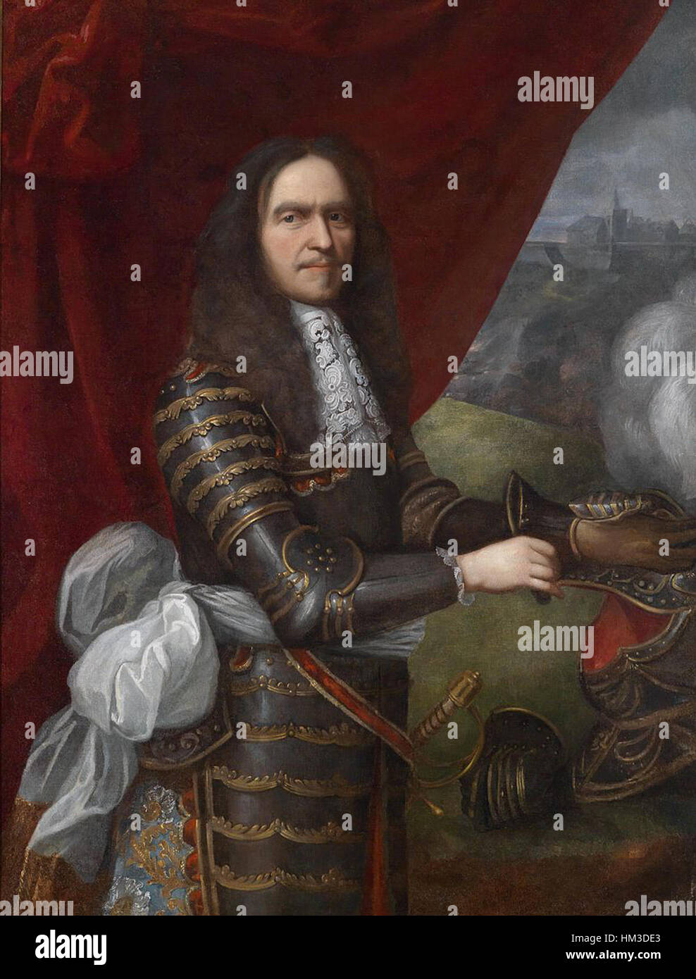 Dieses historische Gemälde zeigt Henri de La Tour d'Auvergne, Vicomte de Turenne, einen wichtigen französischen Militärführer im 17. Jahrhundert. Turenne, bekannt für seine militärische Strategie und Führung, spielte eine wichtige Rolle in mehreren wichtigen französischen Schlachten. Stockfoto