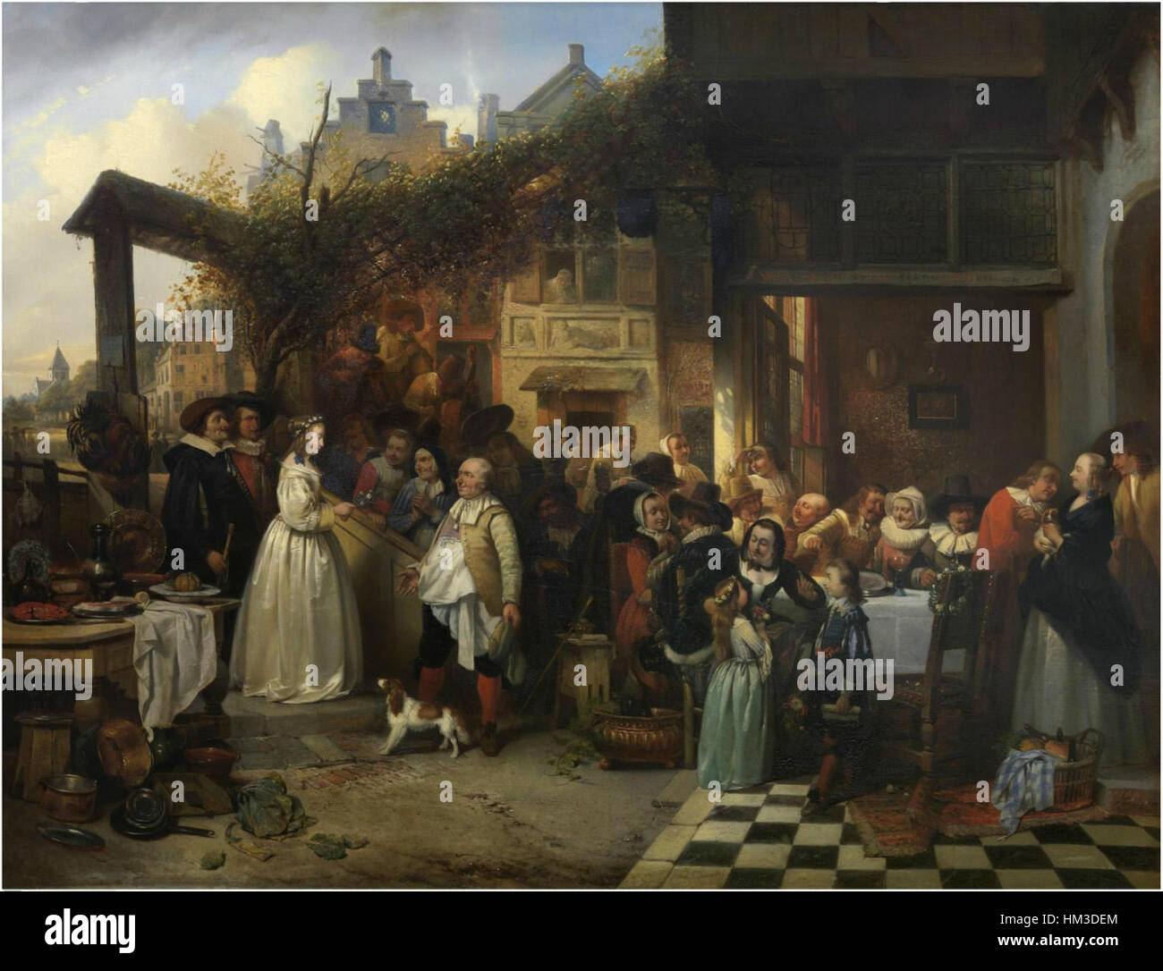 Henri Leys Gemälde „Hochzeit in Flandern im siebzehnten Jahrhundert“ zeigt eine üppige Feier einer Ehe und zeigt flämische Bräuche, Kleidung und Traditionen des 17. Jahrhunderts. Leys ist bekannt für seine historische Genauigkeit und seine akribische Aufmerksamkeit für kulturelle Details. Stockfoto