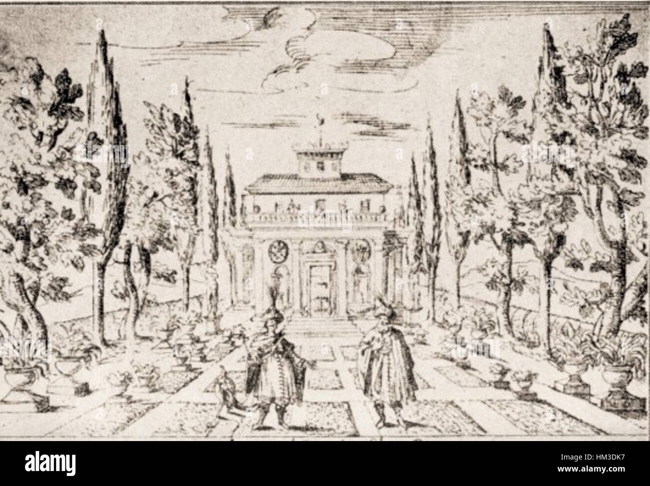 Die Bühne für *La Dori*, eine 1665 entstandene Oper, spiegelt die Pracht und das raffinierte Design wider, die typisch für Theaterproduktionen des 17. Jahrhunderts sind. Dieses Kunstwerk bietet einen Einblick in die malerische Kunst, die in der Barockzeit verwendet wurde. Stockfoto