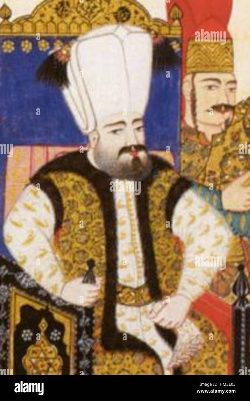 Dieses Porträt von Sultan Suleyman II., das zur Betonung seiner königlichen Merkmale zugeschnitten wurde, spiegelt seine Rolle als mächtiger osmanischer Herrscher wider und ist ein bedeutendes Stück osmanischer Kunst aus dem 16. Jahrhundert. Stockfoto