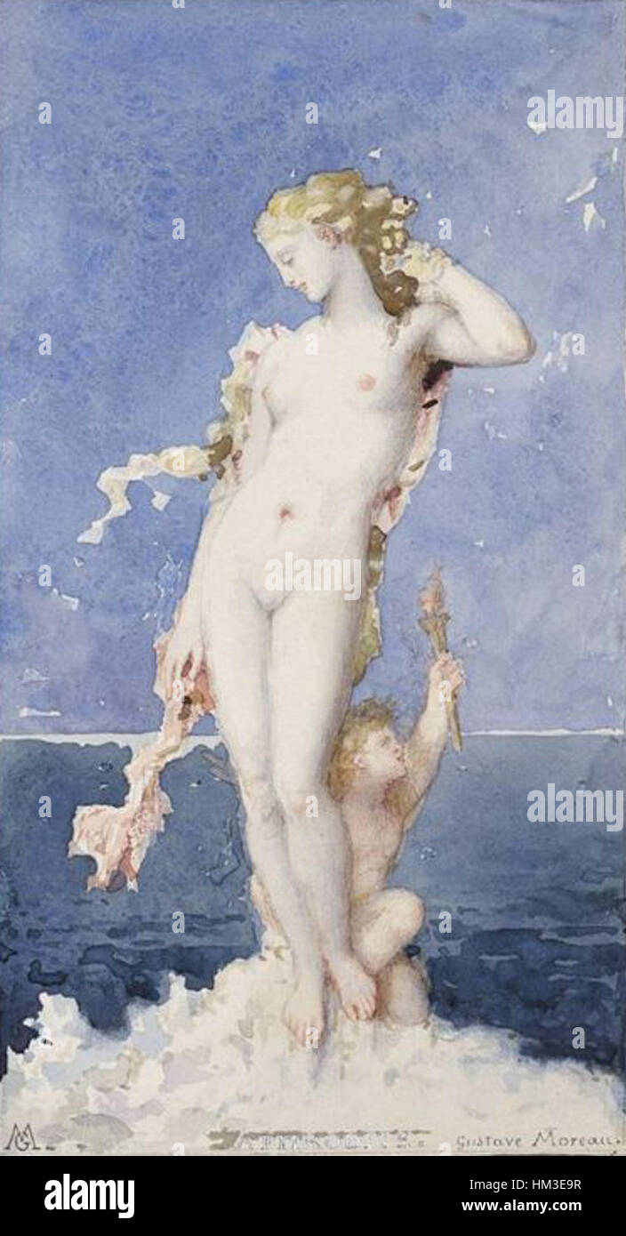 Gustave Moreas „Aphrodite“ (1871) ist ein symbolisches Gemälde, das die griechische Göttin der Liebe und Schönheit veranschaulicht. Das Werk fängt Moreas Faszination für die Mythologie und seinen charakteristischen Stil romantischer Symbolik ein und verbindet satte Farben und komplizierte Details. Stockfoto