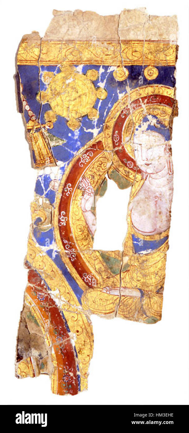 Dieses Bild zeigt eine Darstellung des Buddha auf einer manichäischen Bilderrolle, die buddhistische und manichäische Kunsttraditionen kombiniert und die Verschmelzung von östlichen und westlichen religiösen Einflüssen veranschaulicht. Stockfoto