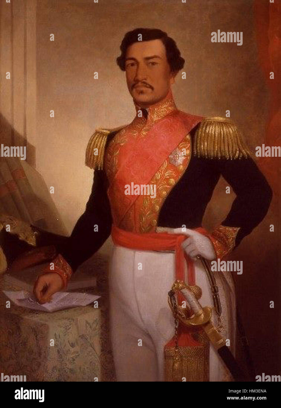 Dieses Porträt von Kamehameha III., gemalt im Iolani Palace, fängt den König von Hawaii während seiner Regierungszeit im 19. Jahrhundert ein. Sein Bild spiegelt die königliche Insignien und die kulturelle Bedeutung der Hawaii-Monarchie während einer Schlüsselperiode in der Geschichte der Inseln wider. Stockfoto