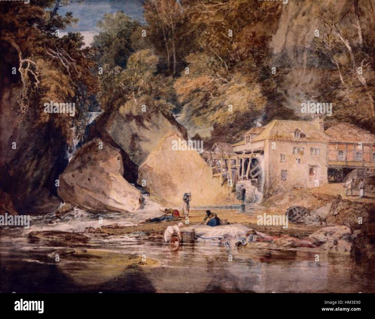 J.M.W. Turners Gemälde „Aberdulais Mill“ (TW1575 9) fängt die dramatische Landschaft der walisischen Landschaft ein. Turner ist bekannt für seine Fähigkeit, atmosphärische Bedingungen darzustellen, und nutzt Licht und Schatten, um die natürliche Schönheit der Mühle und der Umgebung zu verbessern. Stockfoto