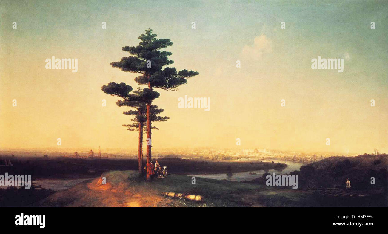 Iwan Konstantinowitsch Aivazowskys Gemälde „Blick auf Moskau von den Sparrow Hills“ zeigt die russische Hauptstadt aus einem hohen Blickwinkel. Das Kunstwerk hebt die weitläufige Skyline und den Fluss der Stadt hervor und bietet einen malerischen Blick auf Moskau aus dem 19. Jahrhundert. Stockfoto
