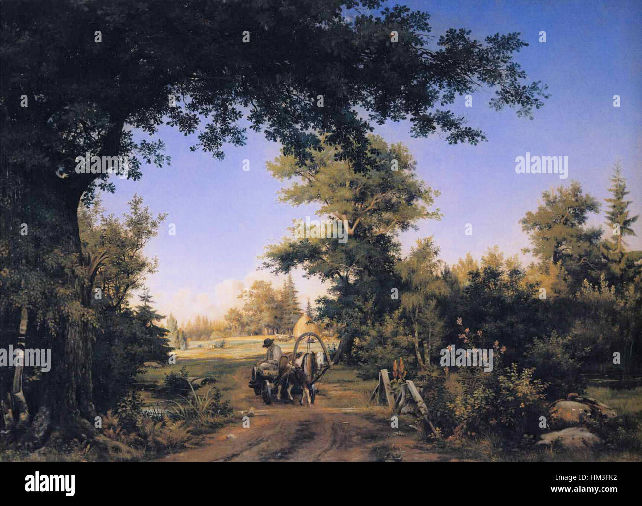 Dieses Gemälde von Ivan Shishkin mit dem Titel „Blick auf die Außenbezirke von St. Petersburg“ zeigt die ruhige russische Landschaft und fängt das Wesen der Natur und die russische Landschaft ein. Shishkin ist bekannt für seine detaillierten, atmosphärischen Darstellungen von Wäldern und ländlichen Gebieten. Stockfoto