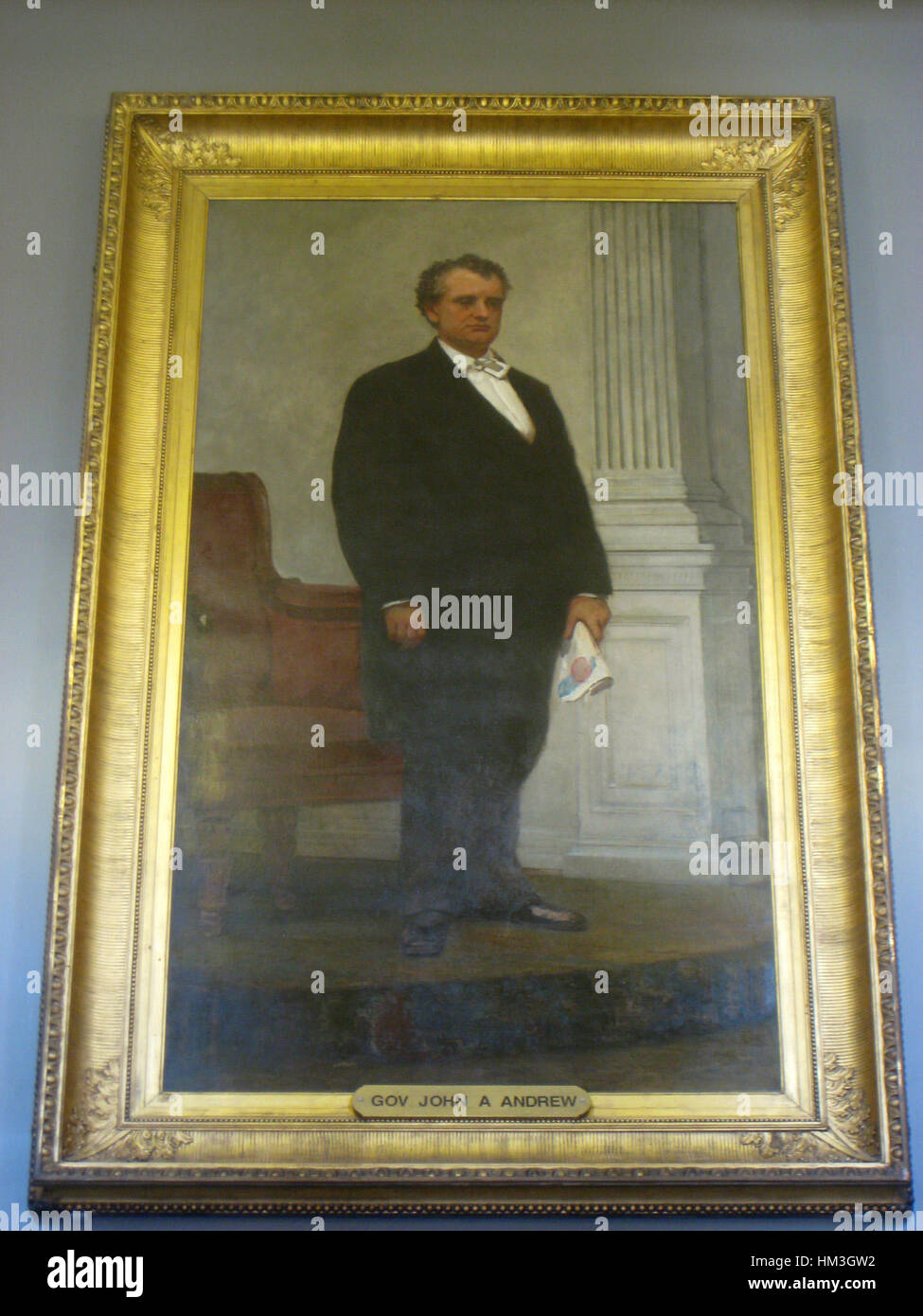 Dieses Porträt von William Morris Hunt fängt John Andrew mit einem Fokus auf den würdevollen Ausdruck des Sitters und sorgfältig gerenderte Details ein, die Hunts Präzision in Porträts widerspiegeln. Stockfoto