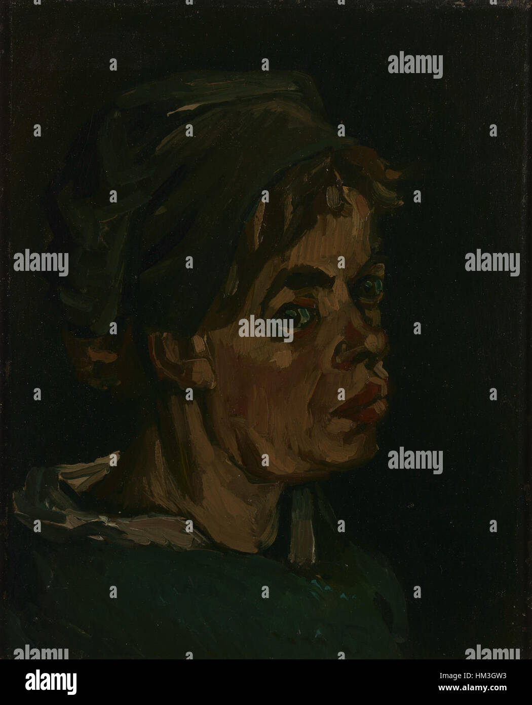 Kop van een Vrouw ist ein Gemälde aus der Sammlung des Van Gogh Museums, das den Kopf einer Frau in ausdrucksstarken Pinselstrichen darstellt. Das Werk zeigt Van Goghs einzigartigen Stil und emotionale Tiefe und spiegelt seine späteren Arbeiten wider. Stockfoto