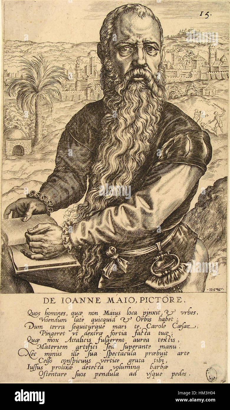 Ein historischer Stich von Jan Wierix, der komplizierte und detaillierte Entwürfe zeigt und das Talent des Künstlers bei der Herstellung von feinen Radierungen zeigt. Wierix war bekannt für seine religiösen und mythologischen Illustrationen, die oft komplexe Symboliken und historische Themen zeigen. Stockfoto