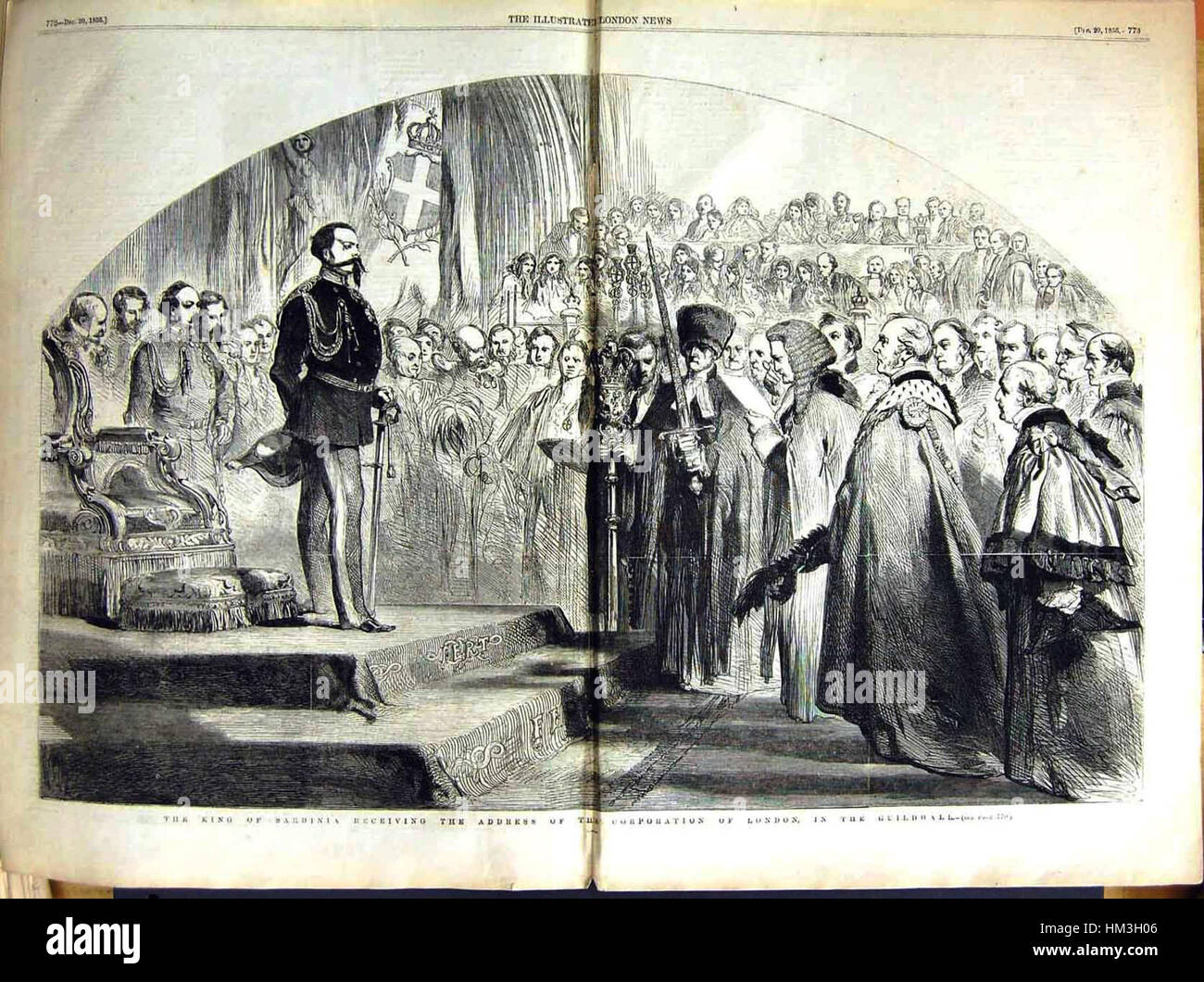 Dieses Kunstwerk stellt eine formelle Ansprache von König Sardinien an die Corporation of London dar und symbolisiert die historische Verbindung zwischen der Monarchie und der Stadt London während einer Zeit von politischer Bedeutung. Stockfoto
