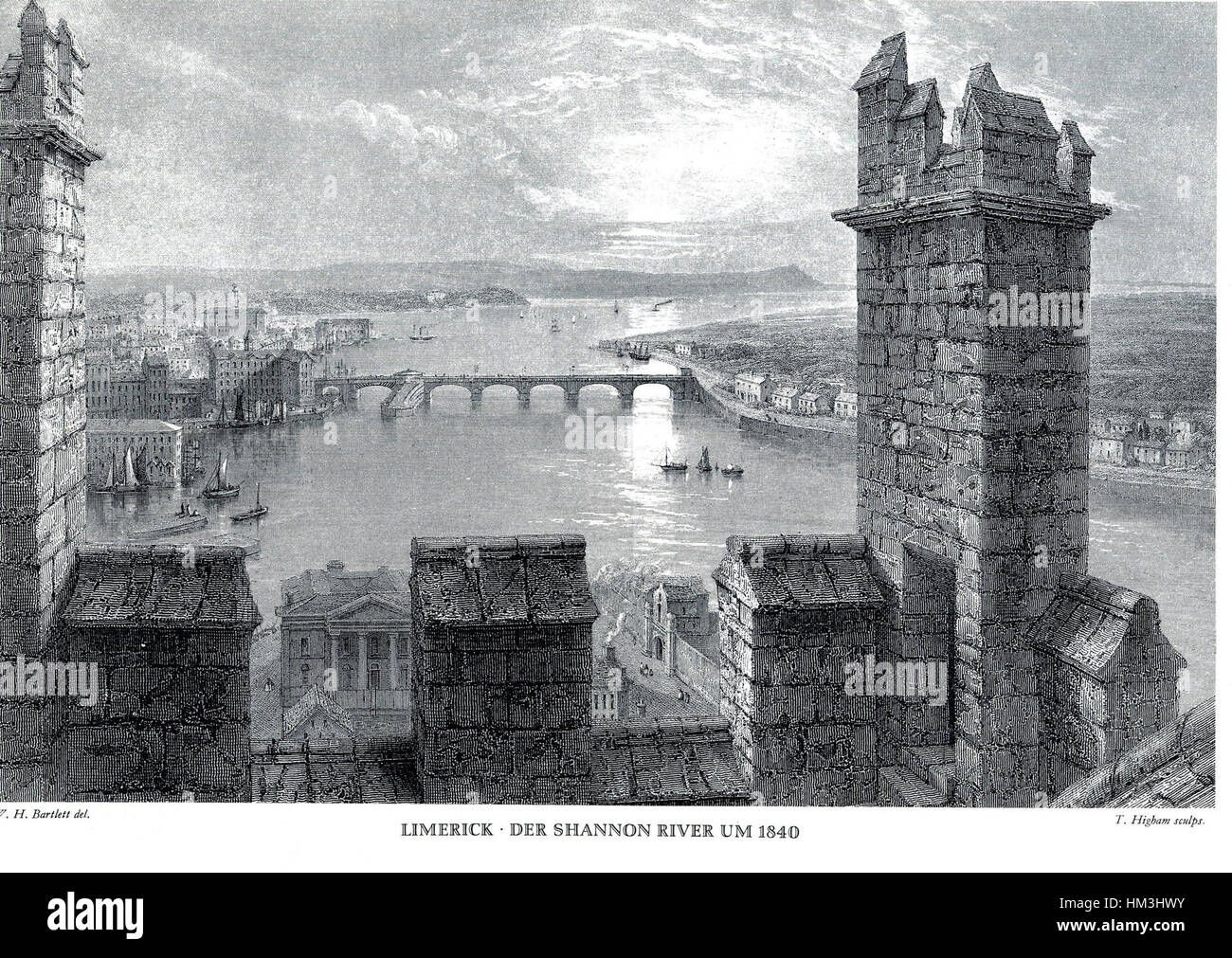 Limerick am Shannon-Fluss, circa 1840, gestocht von Thomas Higham nach einem Bild von William Henry Bartlett, einem englischen Künstler und Stecher. Stockfoto