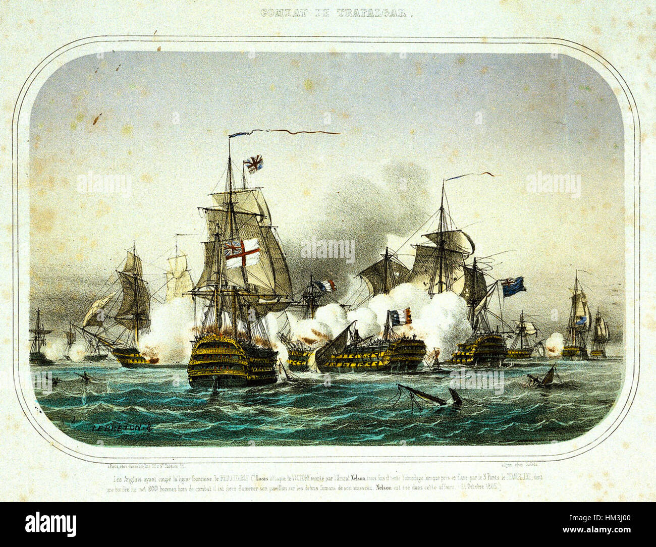 *Trafalgar* von Le Breton stellt die berühmte Seeschlacht von Trafalgar dar und zeigt die dramatische Auseinandersetzung zwischen der britischen Royal Navy und der französischen und spanischen Flotte. Das Gemälde fängt die Intensität der Schlacht und die Tapferkeit der britischen Seeleute ein. Stockfoto