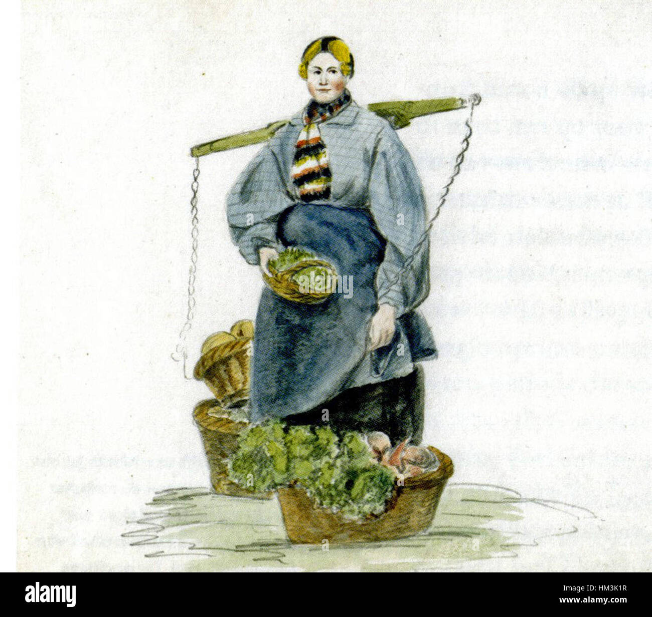 „Groenteverkoopster“ von Jan Ensing zeigt eine Frau, die Gemüse auf einem Markt verkauft. Das Gemälde konzentriert sich auf das tägliche Leben einer Arbeiterfrau in der niederländischen Gesellschaft des 19. Jahrhunderts und unterstreicht die Einfachheit und Funktionalität der Szene. Stockfoto