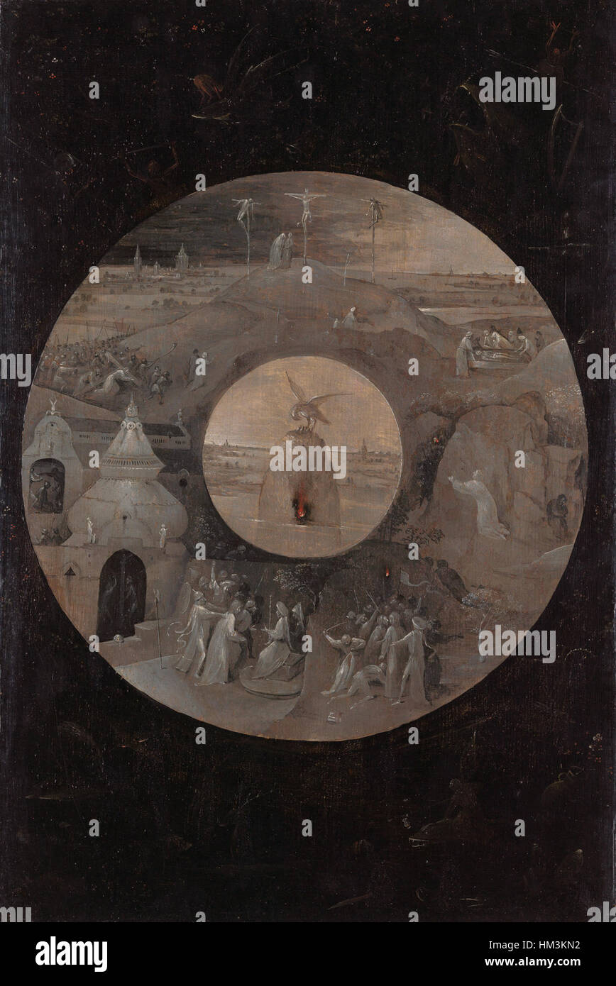 „Szenen aus der Passion“ von Jheronimus Bosch zeigt die Ereignisse, die zur Kreuzigung Christi führten. Der komplizierte Stil von Bosch und die lebendigen Darstellungen der Passionsgeschichte unterstreichen seine Fähigkeit, religiöse Themen zu vermitteln. Stockfoto