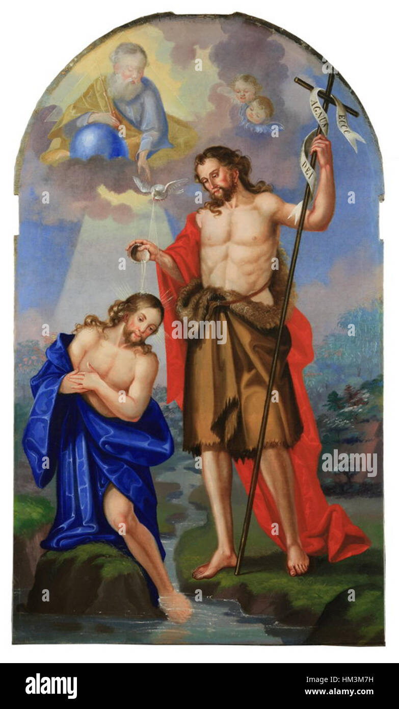 Jezusov krst (die Taufe Jesu) ist ein religiöses Gemälde, das den Moment der Taufe Christi durch Johannes den Täufer darstellt. Das Kunstwerk fängt dieses bedeutende christliche Ereignis mit dem Fokus auf sakraler Symbolik und göttlicher Präsenz ein. Stockfoto