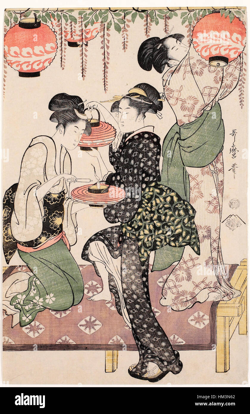 Kitagawa Utamaro war ein berühmter japanischer Ukiyo-e-Künstler aus der Edo-Zeit, bekannt für seine Porträts von Frauen, Kabuki-Schauspielern und wunderschönen Landschaften. Seine Werke zeigen typischerweise anmutige, elegante Figuren und zeigen seine Beherrschung von Linien, Farben und Texturen in Holzschnitten. Stockfoto