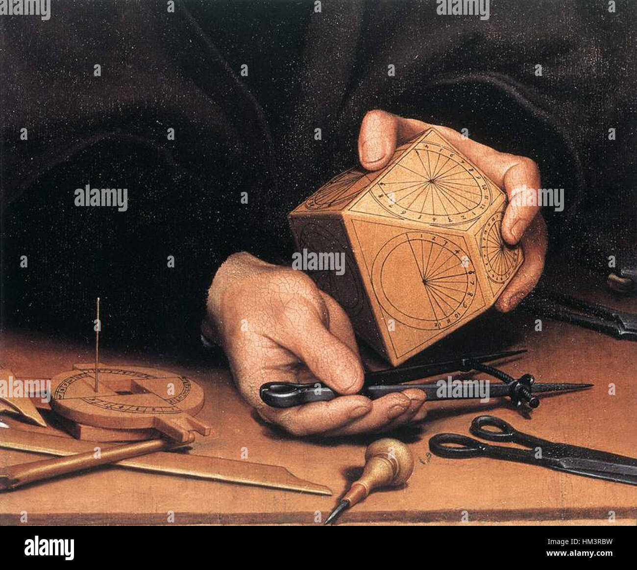 Hans Holbein des Jüngeren fängt in seinem detaillierten Porträt des bekannten deutschen Astronomen Nikolaus Kratzer seine intellektuelle Präsenz mit akribischer Liebe zum Detail ein. Das Porträt unterstreicht sein wissenschaftliches Verhalten, wobei die feinen Texturen der Kleidung und des Hintergrunds der Komposition Tiefe verleihen. Stockfoto