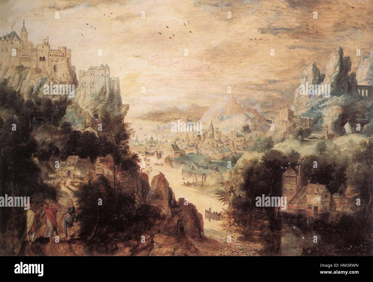 Dieses Gemälde von Herri Met de Bles, „Landschaft mit Christus und den Männern von Emmaus“, fasst eine biblische Szene in einer detaillierten Landschaft ein. Das Werk, typisch für die nördliche Renaissance, hebt einen Moment aus dem Evangelium hervor, in dem Christus zwei Jüngern seine Identität offenbart. Stockfoto