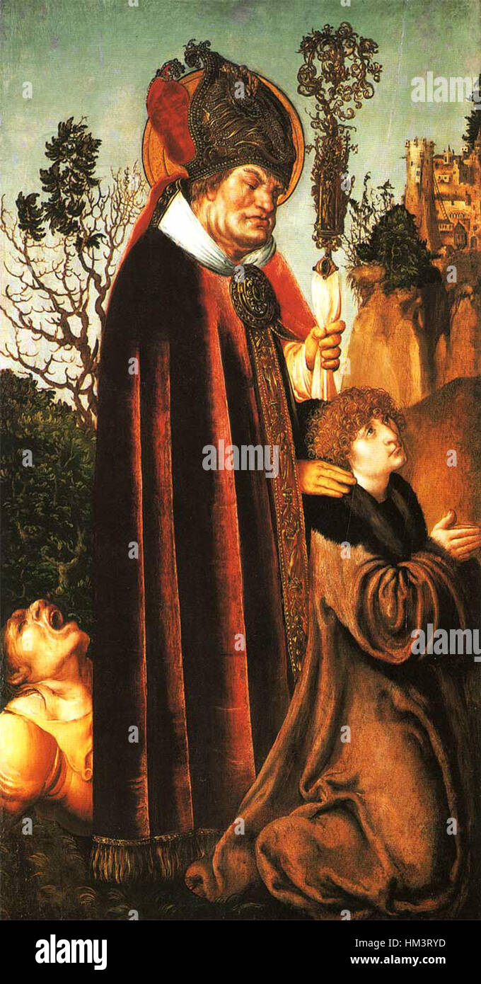 Hl-Valentin-mit-Stifter-150 zeigt den heiligen Valentinstag mit detaillierter religiöser Ikonographie. Das Kunstwerk hebt den schutzheiligen der Liebenden hervor und seine Verbindung mit Mitgefühl und Liebe. Stockfoto