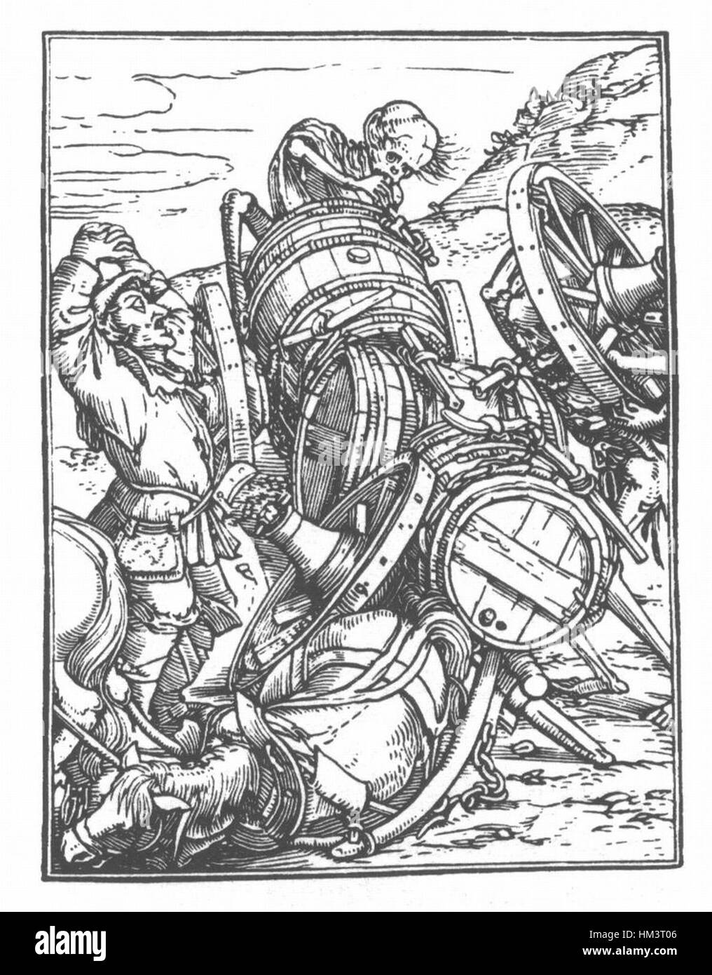 Holbeins Danse Macabre (Tanz des Todes) ist eine Reihe von Holzschnitten, die die unvermeidliche Begegnung zwischen Tod und Menschen aus allen Gesellschaftsschichten veranschaulichen. Das Werk, das im 16. Jahrhundert entstanden ist, reflektiert mittelalterliche Sorgen um Sterblichkeit, Eitelkeit und die Universalität des Todes. Stockfoto