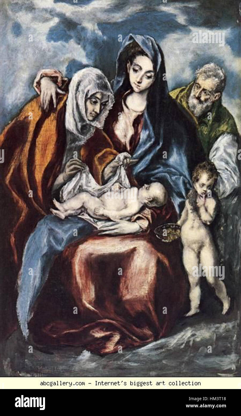 El Grecos *Heilige Familie* stellt die Jungfrau Maria, den heiligen Josef und das Christuskind in einer göttlichen Komposition dar. Das Gemälde zeichnet sich durch seine langen Formen und lebhaften Farbkontraste aus, die in El Grecos manieristischem Stil üblich sind. Stockfoto