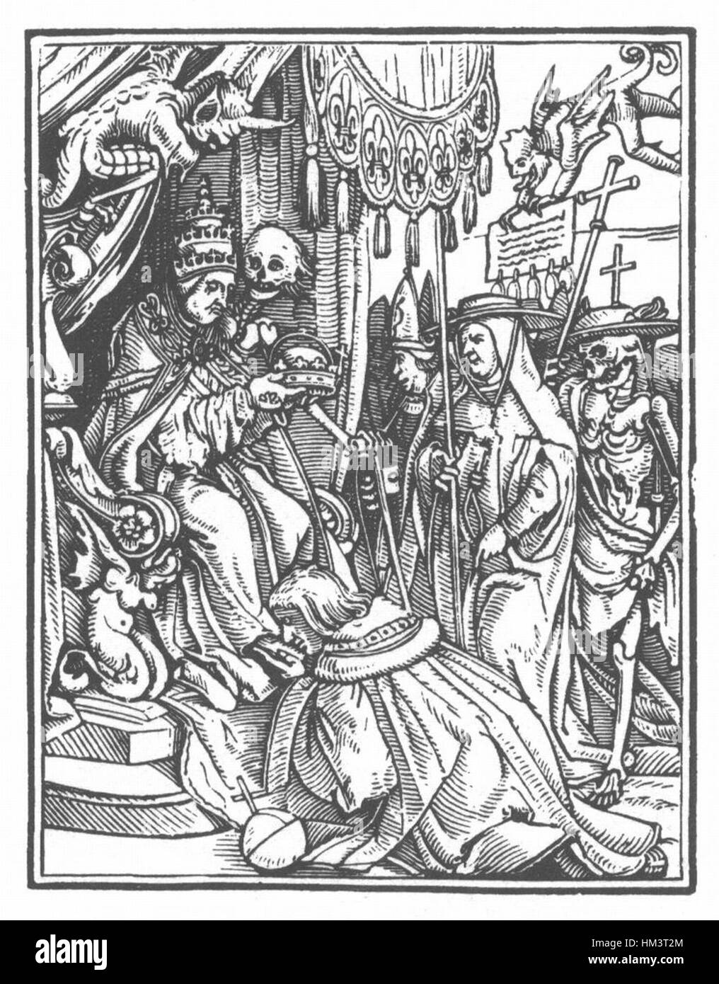 Hans Holbeins Serie „Danse Macabre“ enthält diese Ätzung, die das mittelalterliche Thema des Todentanzes veranschaulicht. Das Werk zeigt Skelette und menschliche Figuren, die die Sterblichkeit und die unausweichliche Natur des Todes symbolisieren. Stockfoto
