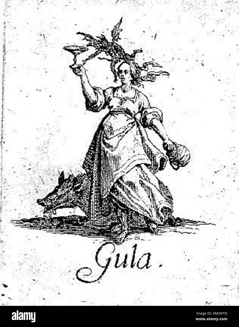 Ein Bild aus Jacques Callots Serie „die sieben tödlichen Sünden“, das die Sünde der Gluttony durch einen detaillierten Gravur veranschaulicht. Stockfoto