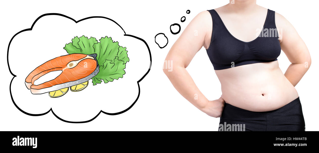 dicke Frau Denken Blase Speisefische Diät-Konzept isoliert auf weißem Hintergrund Stockfoto