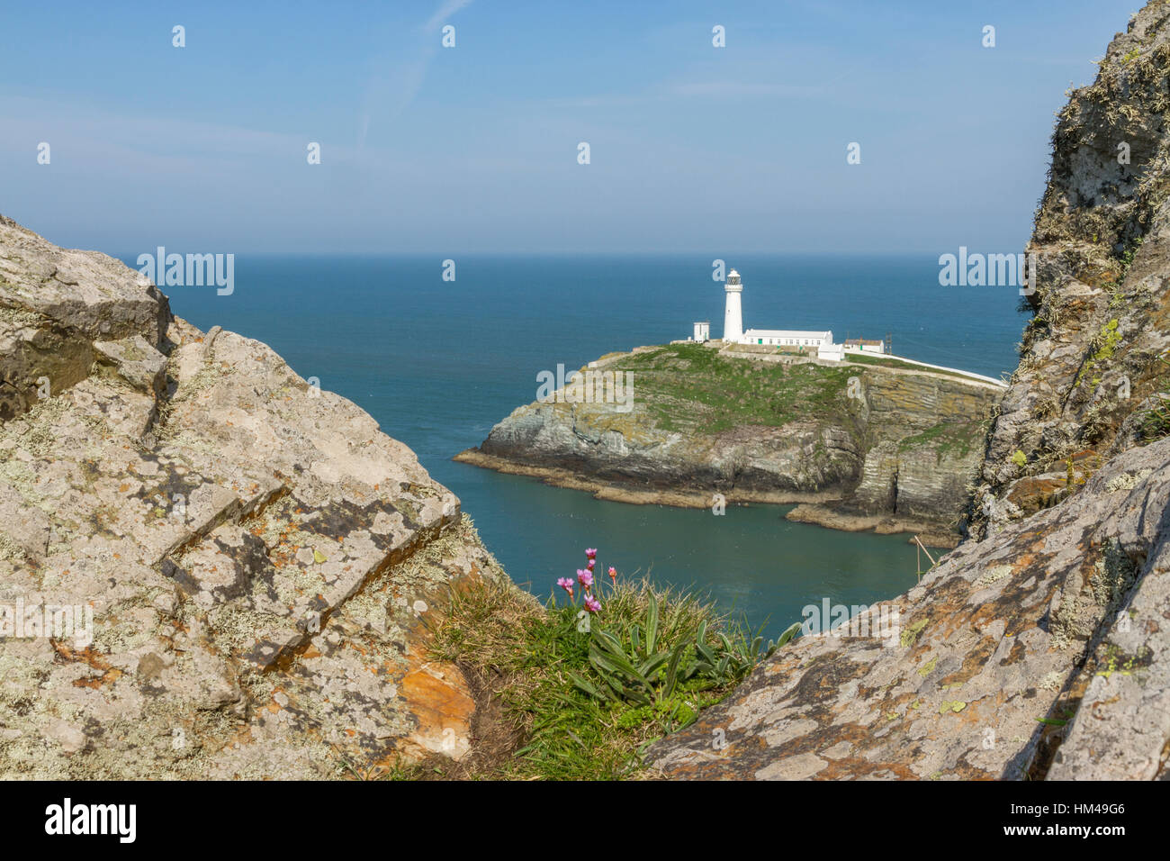 South Stack Lighthouse befindet sich in der Nähe von Holyhead, Anglesey, Wales. Stockfoto