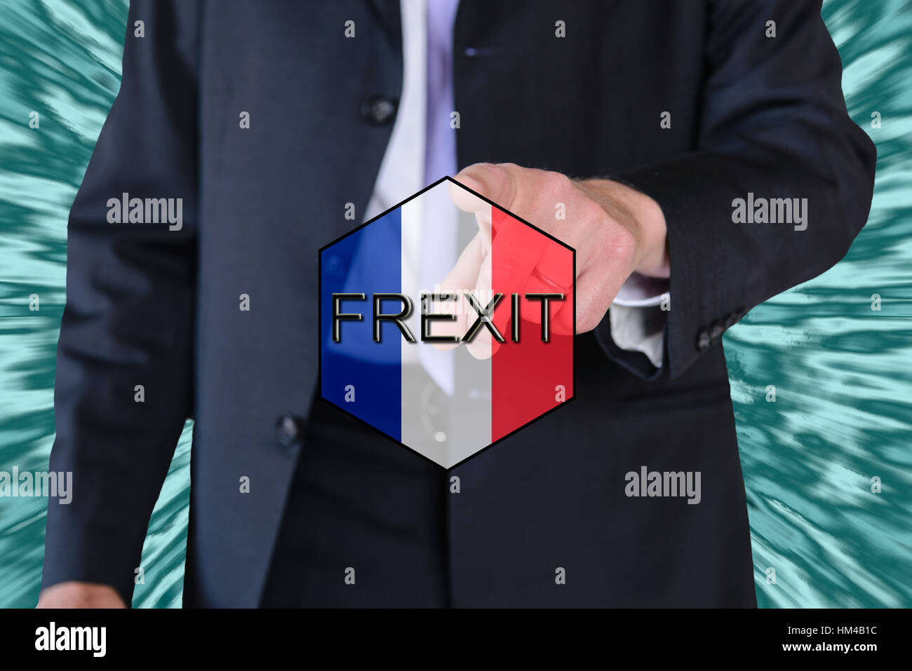 ein Konzept der Frexit (Wahlen in Frankreich) und EU-Flagge und ein Business-Mann Stockfoto