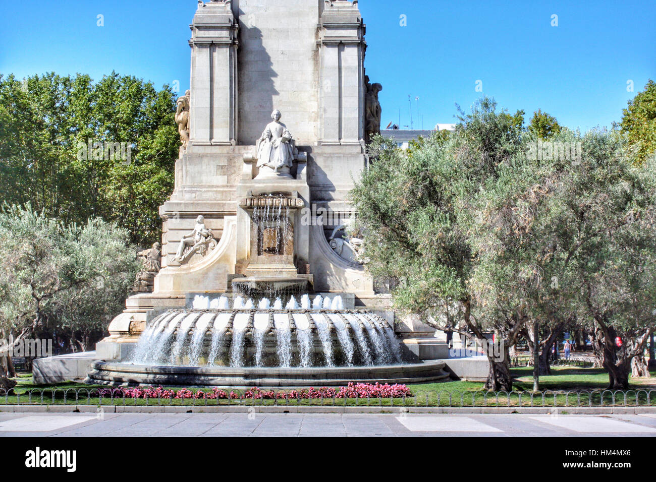 Rückseite des Cervantes-Denkmal in Madrid Stockfoto