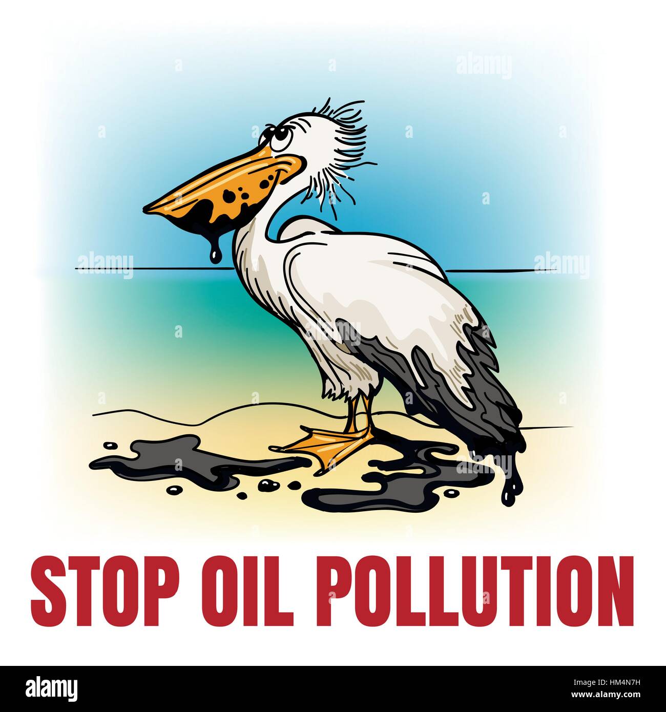 Handgezeichnete Pelikan fallenden Öl mit Wortlaut Ölverschmutzung zu stoppen. Umweltkonzept. Vektor-illustration Stock Vektor