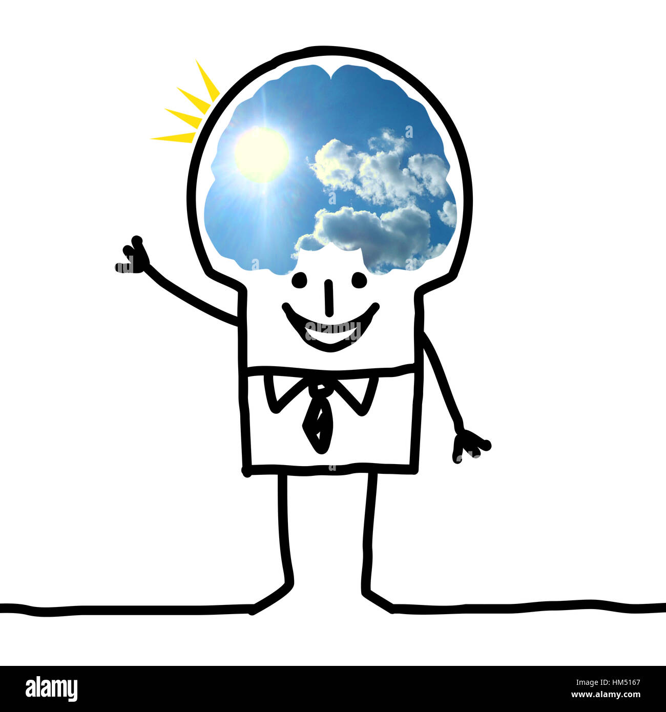 Cartoon Big Brain-Mann - blauer Himmel und Optimismus Stockfoto