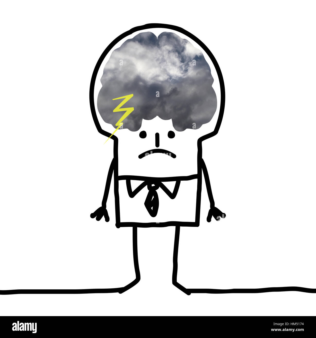 Cartoon Big Brain-Mann - Pessimismus und Wolken Stockfoto