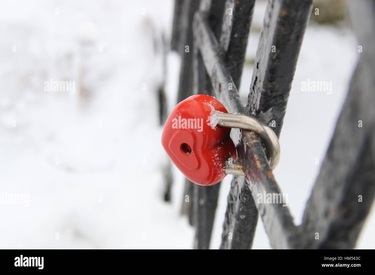 Liebe Vorhängeschloss, herzförmige, im winter Stockfoto