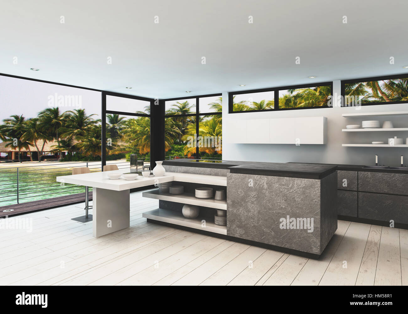 Stilvolle Designer-Küche Interieur mit weißen Parkett und Wrap ... Stilvolle Designer-Küche Interieur mit weißen Parkett und Wrap ...
